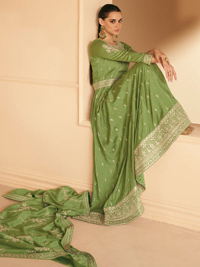 Olive Green Designer Premium Silk Gown