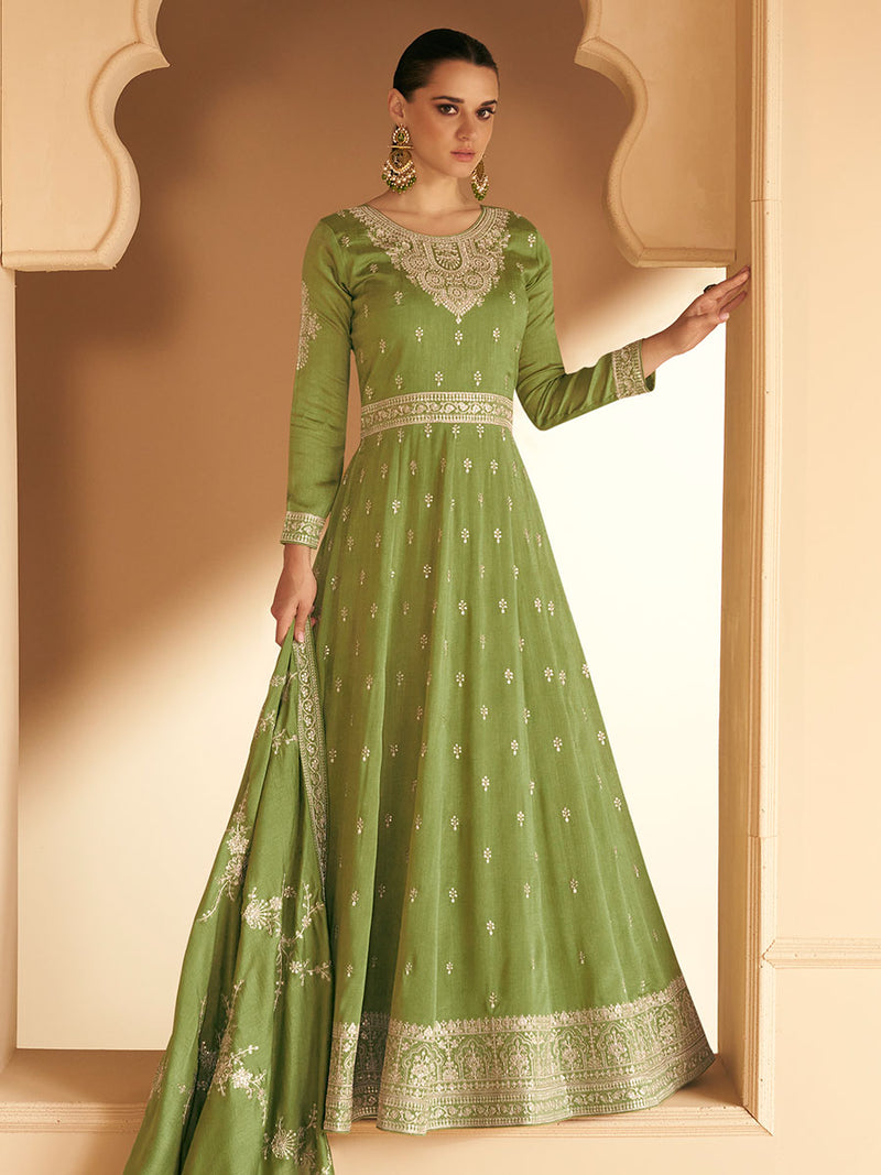Olive Green Designer Premium Silk Gown