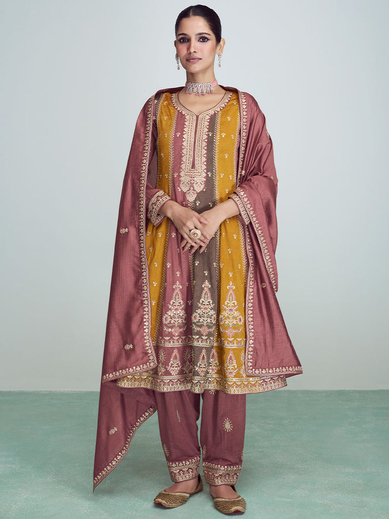 Satin Sheen Gold Designer Premium Silk Salwar Suit