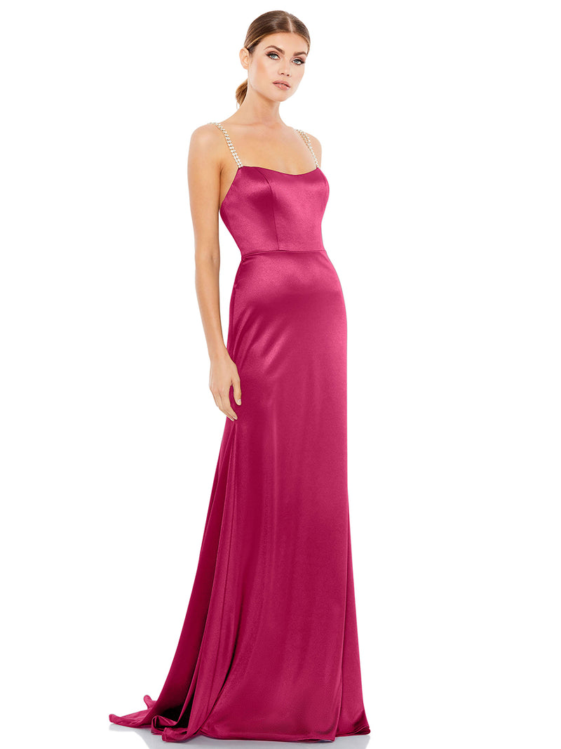 Pink Charmeuse Rhinestone Strap Trumpet Gown