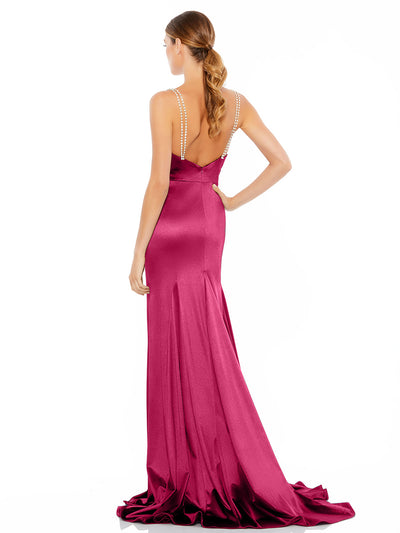 Pink Charmeuse Rhinestone Strap Trumpet Gown