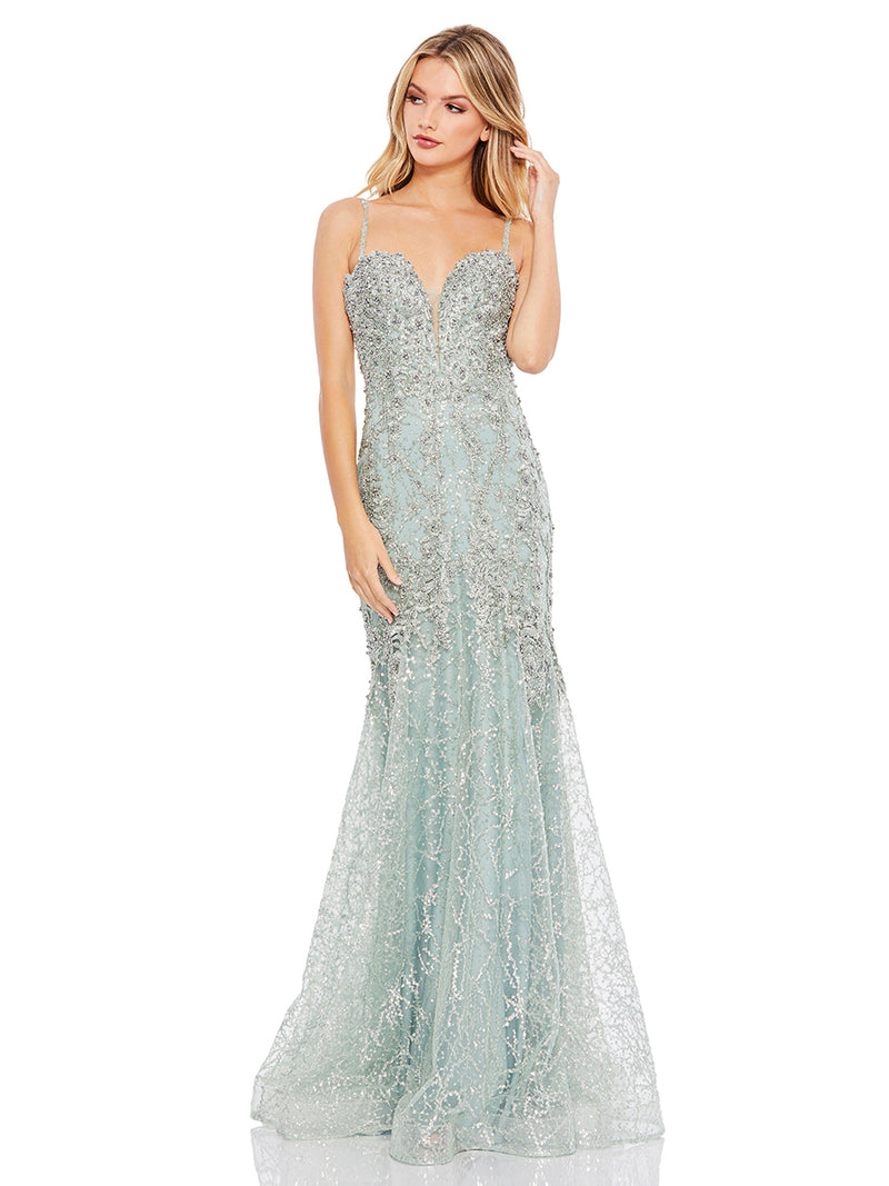 Green Embellished Sleeveless Plunge Neck Trumpet Gown