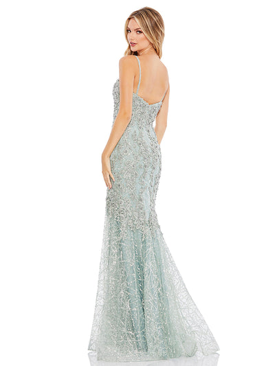 Green Embellished Sleeveless Plunge Neck Trumpet Gown
