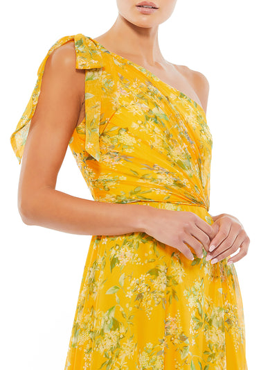 Yellow Floral One Shoulder Bow Maxi Dress