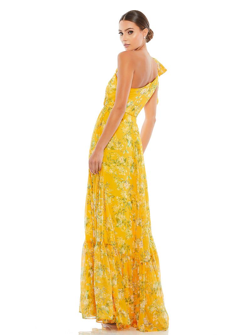 Yellow Floral One Shoulder Bow Maxi Dress