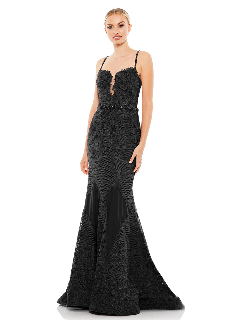 Black Embroidered Sleeveless Plunge Neck Trumpet Gown