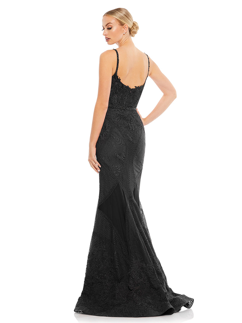 Black Embroidered Sleeveless Plunge Neck Trumpet Gown
