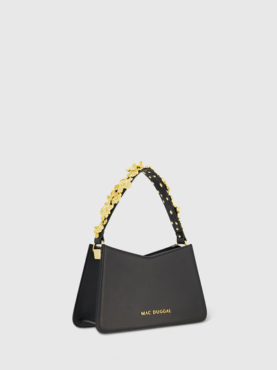 Gold Floral Small Black Nappa Leather Shoulder Bag