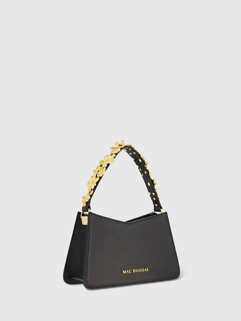 Gold Floral Small Black Nappa Leather Shoulder Bag
