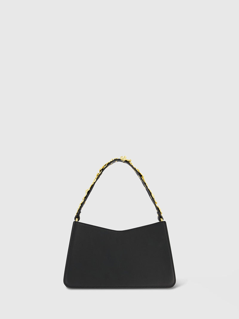 Gold Floral Small Black Nappa Leather Shoulder Bag