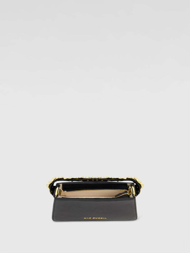 Gold Floral Small Black Nappa Leather Shoulder Bag