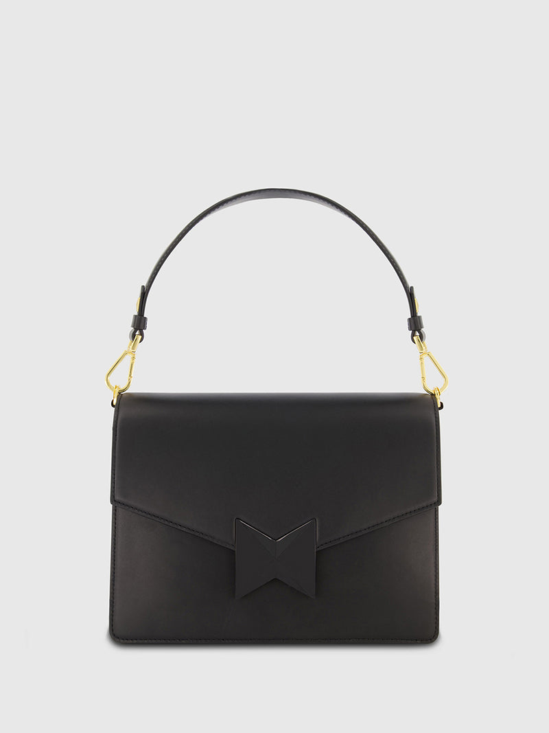 Black Classic Leather Medium Shoulder Bag with Detachable Strap
