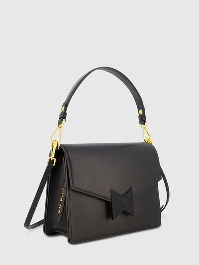 Black Classic Leather Medium Shoulder Bag with Detachable Strap