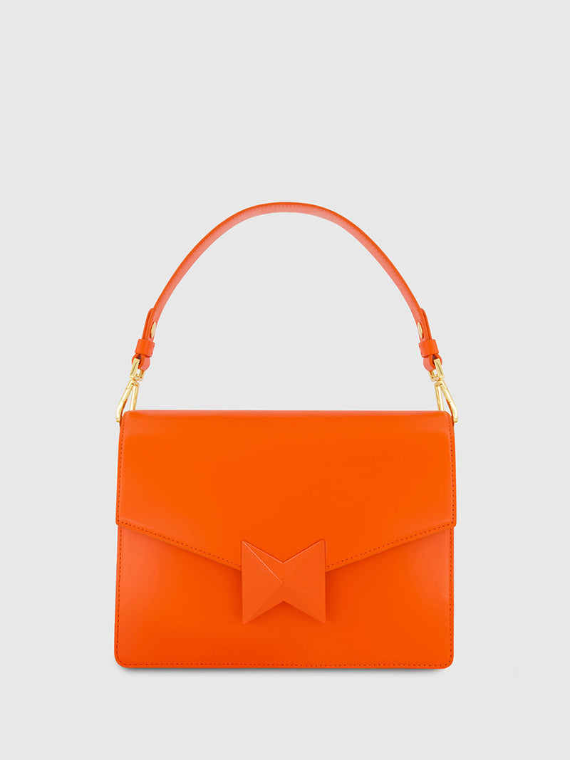 Orange Classic Leather Medium Shoulder Bag with Detachable Strap
