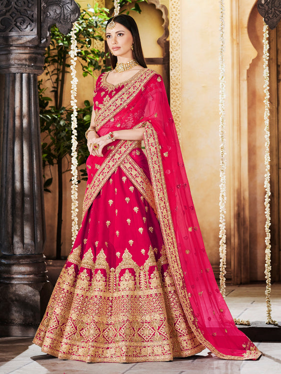 Red Linen Silk Lehenga With Cancan Paired With Matching Red Premium Mono Net Dupatta and Matching Red Linen Silk Blouse - Rabina Baksh