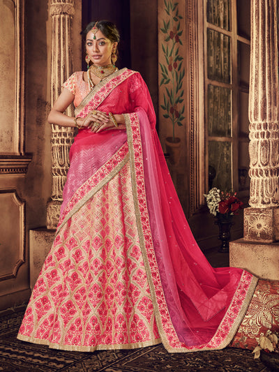 Light Peach Pure Raw Silk Lehenga with CanCan and Pink Shaded Net Dupatta And Sequin Textured Blouse - Rabina Baksh