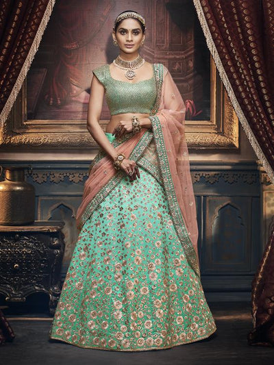 Ferozi Shaded Handloom Silk Lehengawith Cancan Paired With Peach  Premium Mono Net Dupatta and Ferozi Handloom Silk Blouse  - Rabina Baksh