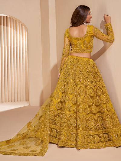 Andrea Sparkling Yellow Soft Net Embroidered Lehenga