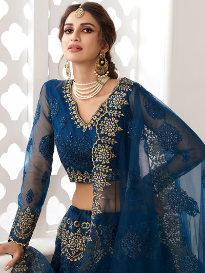 Ava Teal Blue Designer Net Lehenga Choli with Silk Satin Inner