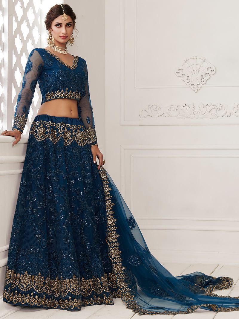 Ava Teal Blue Designer Net Lehenga Choli with Silk Satin Inner