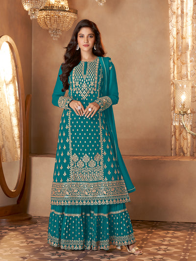 Andrea Stunning Designer Aqua Blue and Gold Shalwar Kameez