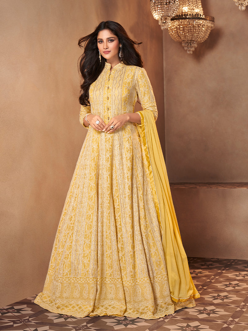 Farah Yellow and White Floral  Gown