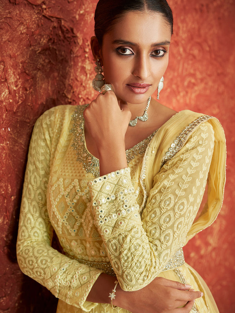 Light Yellow Designer Georgette Gown with Dull Santoon Inner