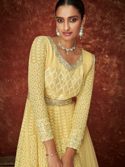 Light Yellow Designer Georgette Gown with Dull Santoon Inner