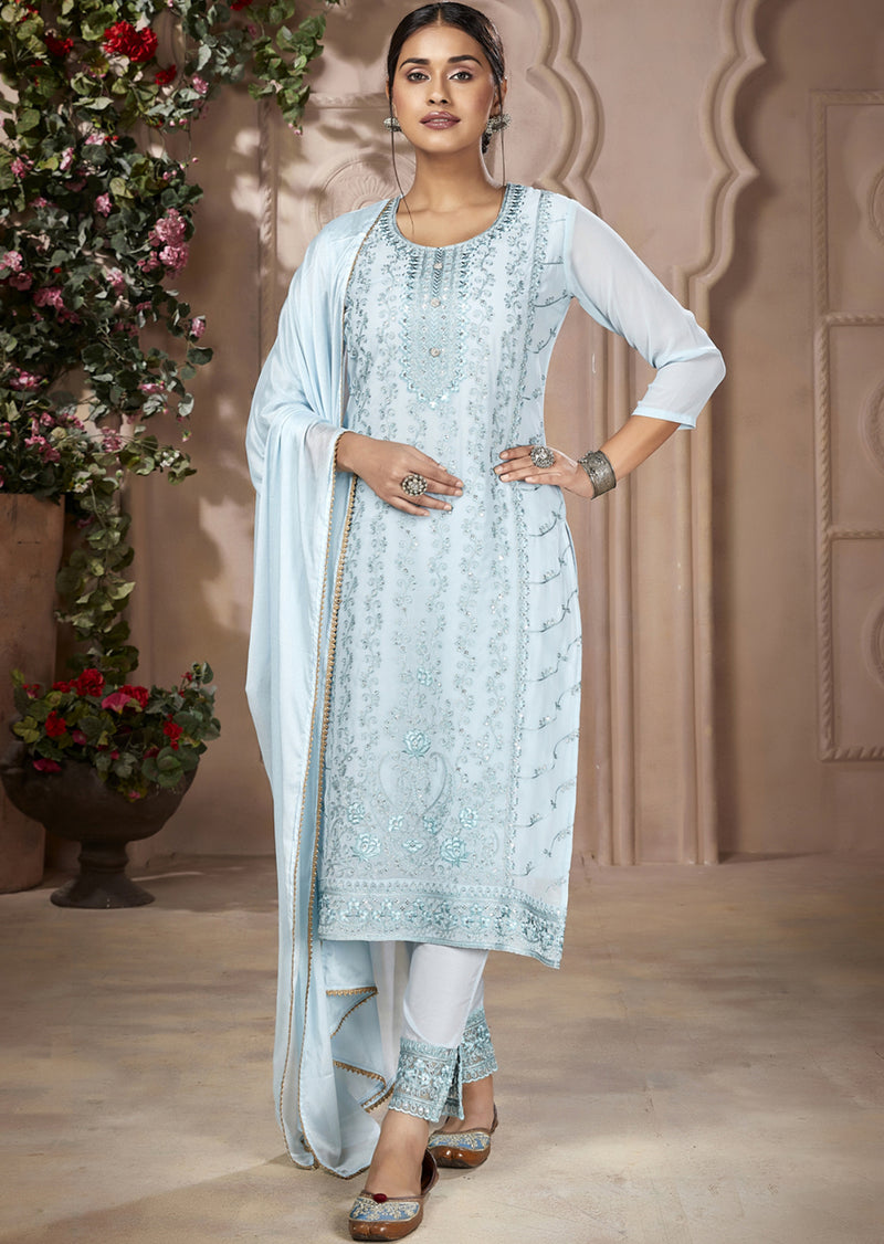 Shaliza Light Turquoise Designer Georgette Salwar Suit with Heavy Embroidery