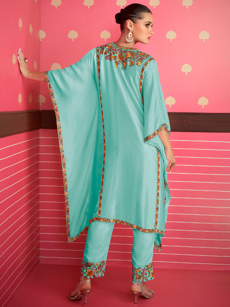 Amira Turquoise Silk Satin Kaftan Suit
