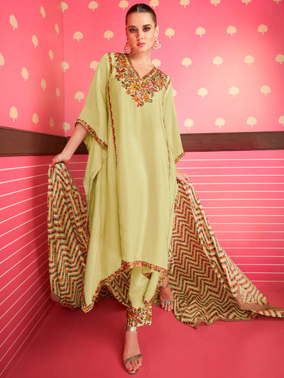 Aisha Mint Green Silk Satin Kaftan Suit