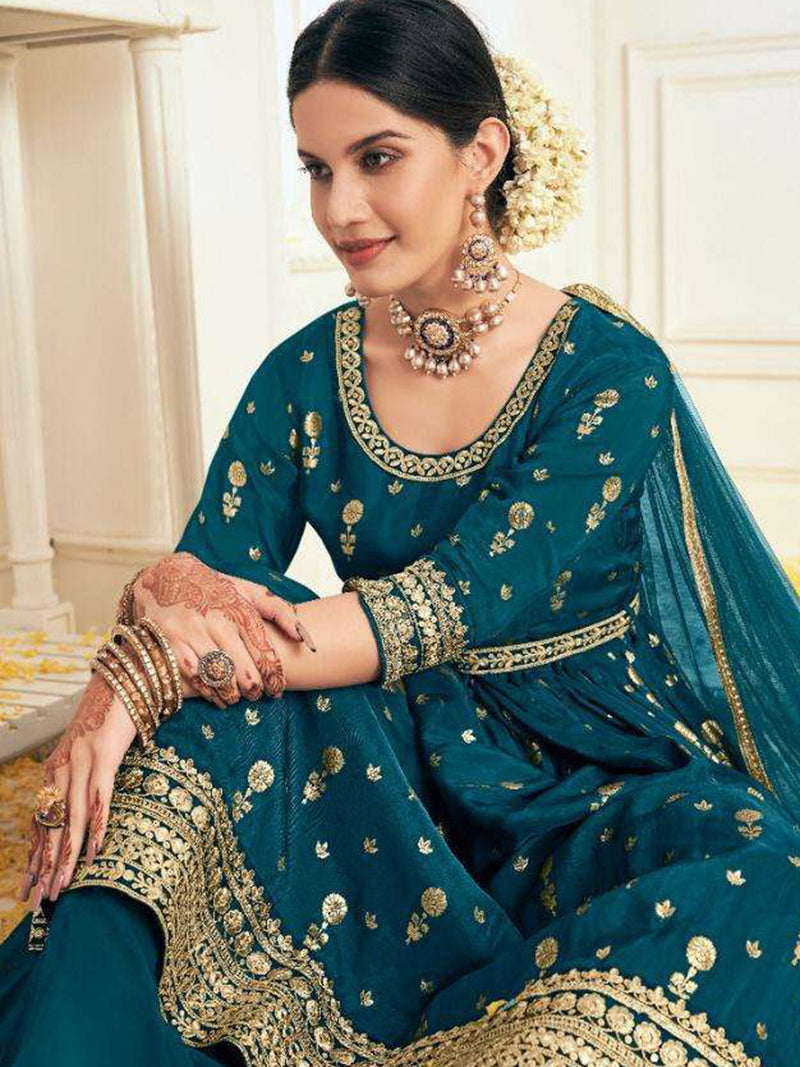 Samantha Teal Blue Designer Organza Jacquard Salwar Suit