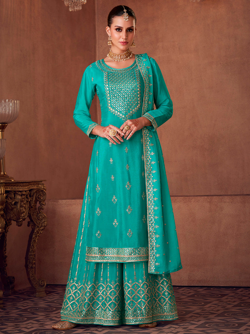 Alicia Teal Green Georgette & Chinon Sharara Suit