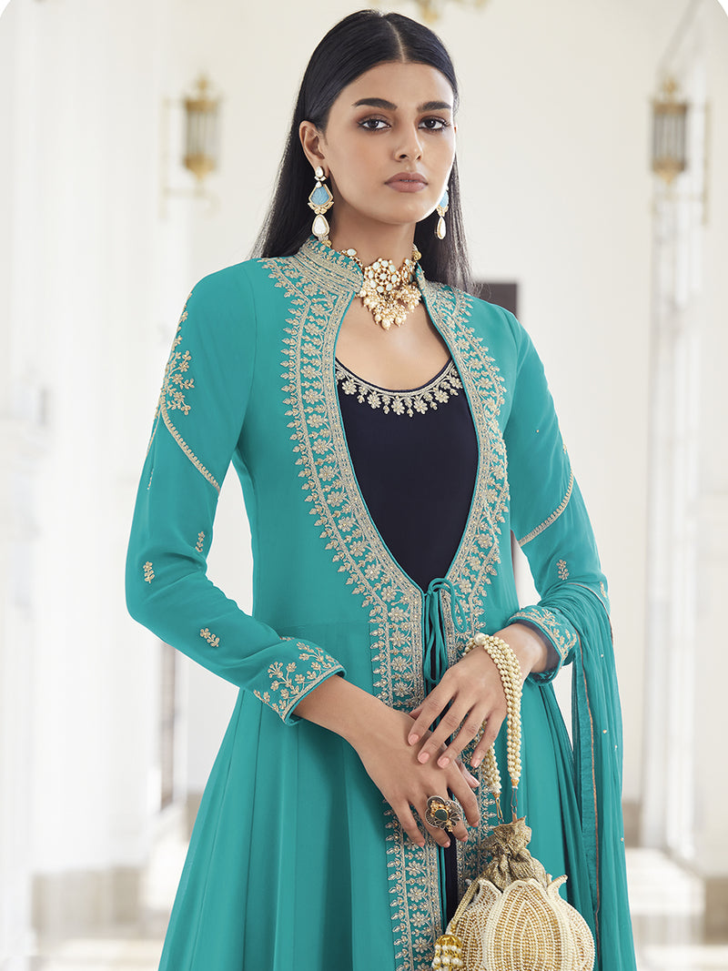 Sherry Shimmering Aqua and Navy Blue Gown with jacket