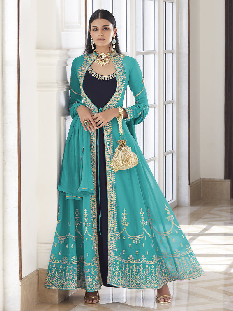 Sherry Shimmering Aqua and Navy Blue Gown with jacket