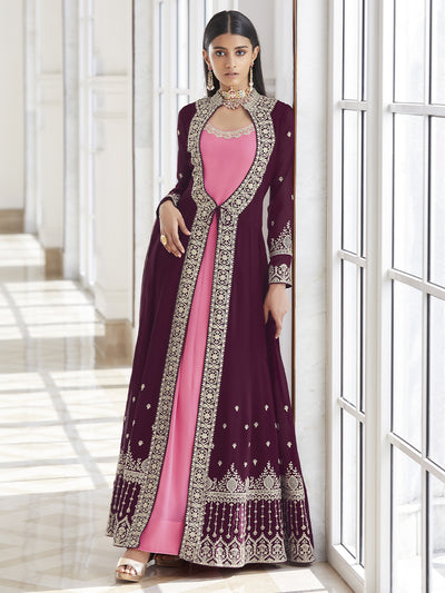 Sherry Pink and Purple Combo Gown with Embroidered Jacket