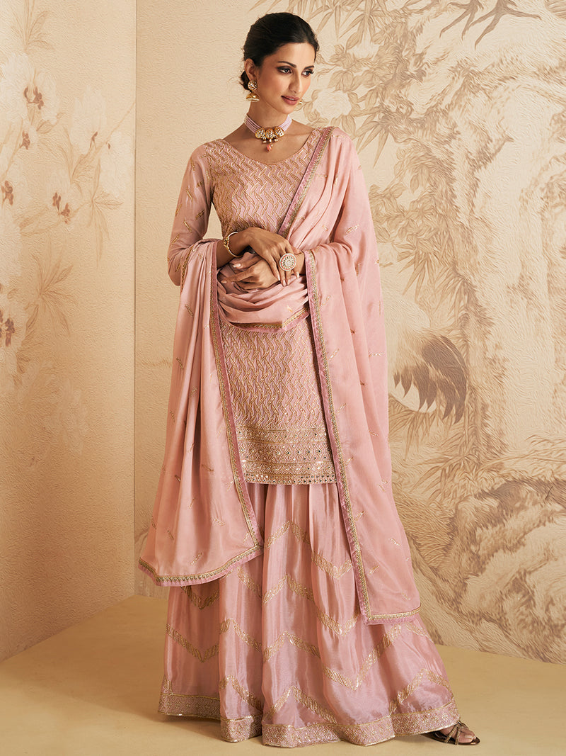 Salmon Pink Designer Georgette & Chinnon Palazzo Suit
