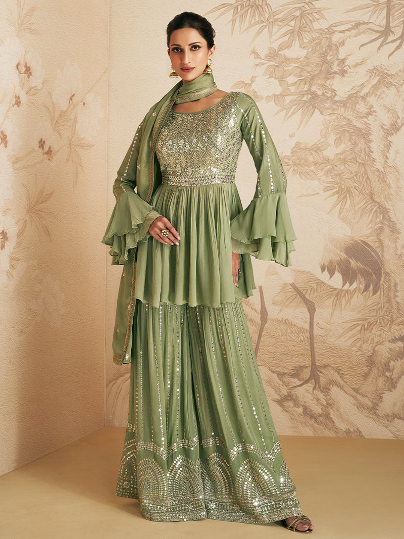 Light Green Designer Georgette & Chinnon Palazzo Suit