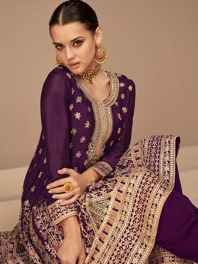 Samantha Purple Designer Chinnon Silk Salwar Suit