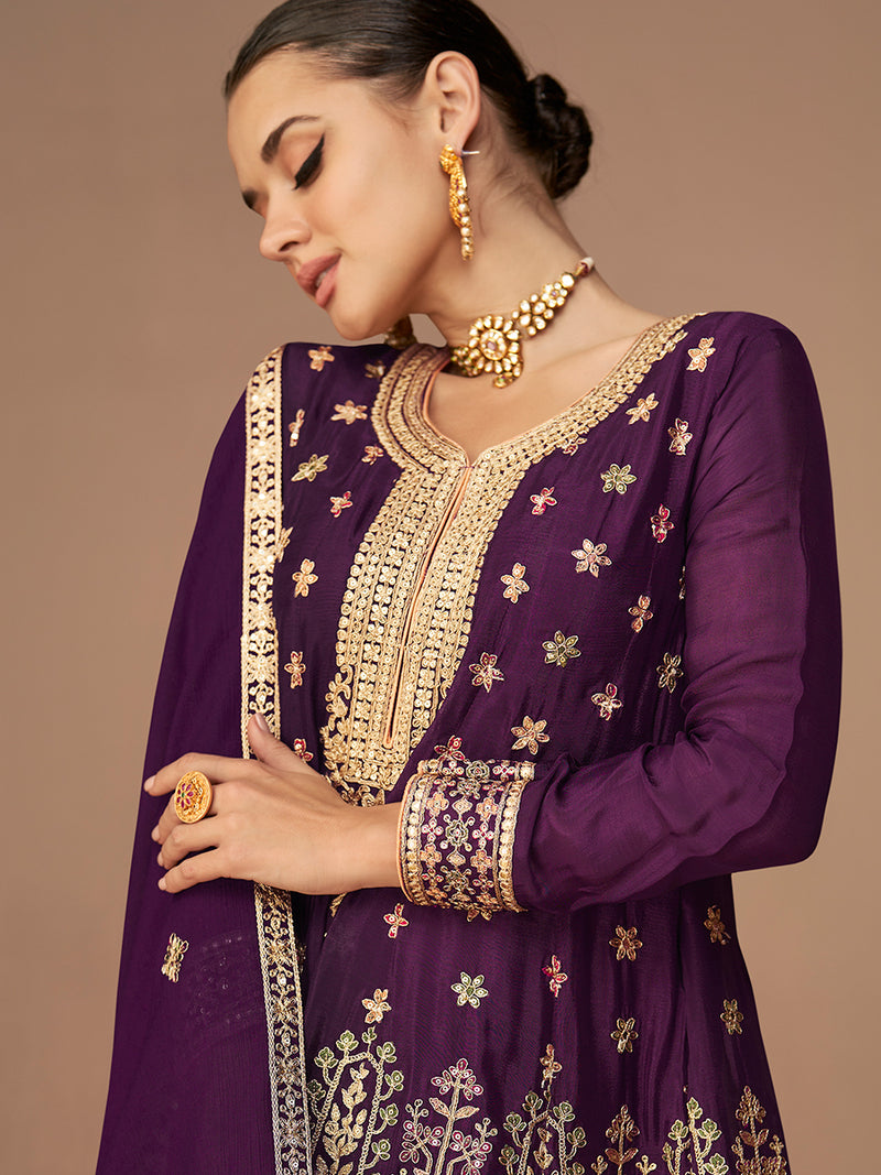 Samantha Purple Designer Chinnon Silk Salwar Suit